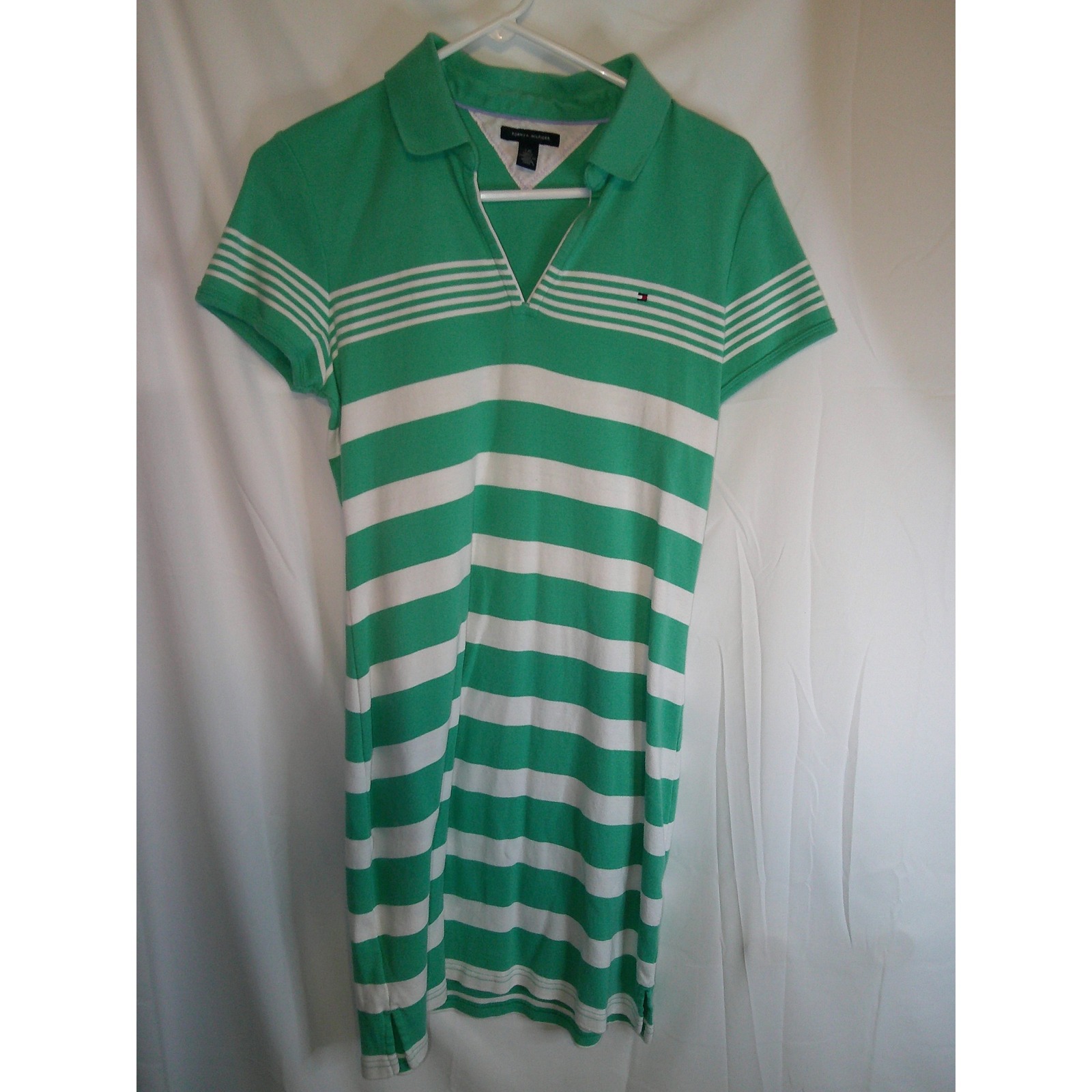 Tommy Hilfiger Polo Dress Striped Casual Short Sleeve Green White L
